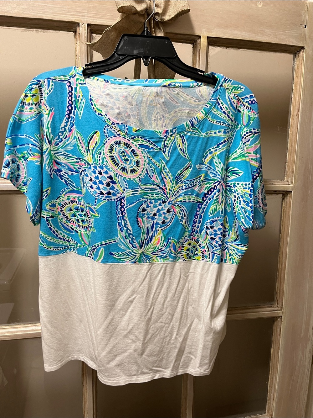 Lilly Pulitzer Turquoise Blue Floral Short Sleeve Colorblock Top